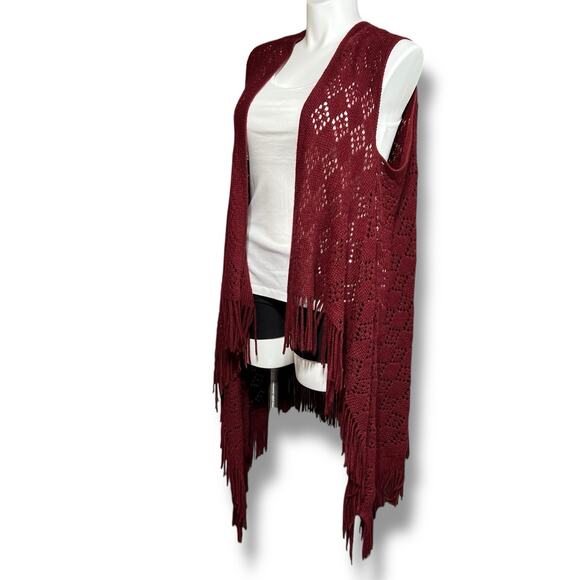 Maurices Womens Long Open Front Sleeveless Crochet Cardigan Duster Fringe Boho - Picture 5 of 6